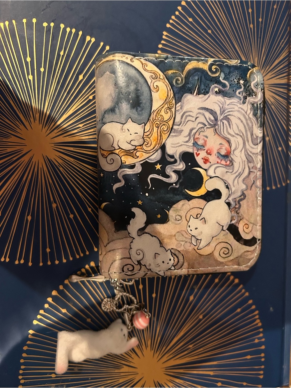 Whimsical Moon & Cats Zip Wallet in Navy